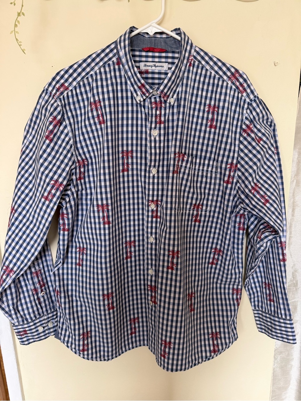 Tommy Bahama Men’s Blue and White Gingham Button-Down with Red Palm Print